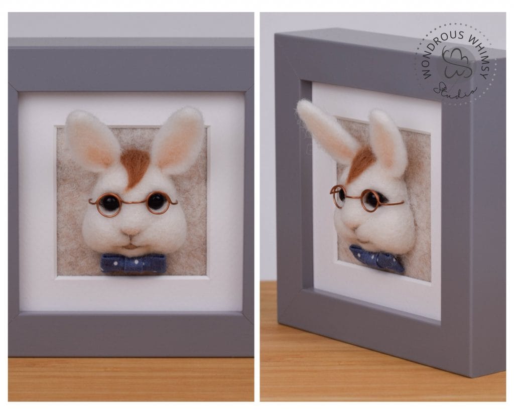 Bobby - needle felted bunny head in frame - front & side