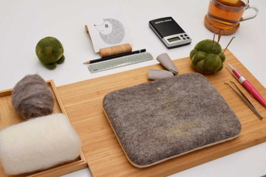 Desk prepared for needle felting